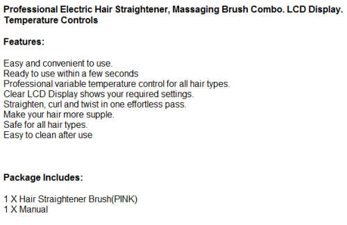 Professional Electric Hair Straightener, Massaging Brush Combo. LCD Display Temperature Controls.