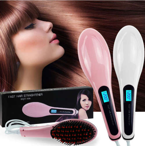 Professional Electric Hair Straightener, Massaging Brush Combo. LCD Display Temperature Controls.