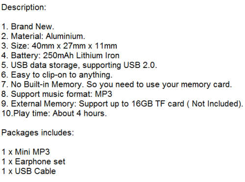 Metalic MP3 Player. Can also be used as a USB Storage device.