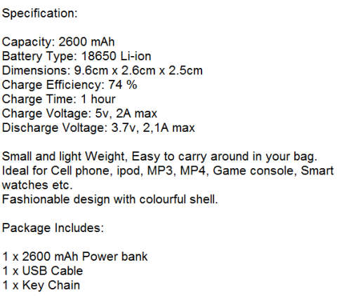 Portable USB 2600mAh Power Bank, Backup Battery Pack.