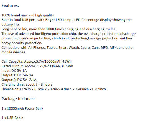 Portable USB 10 000mAh Power Bank, Backup Battery Pack. Available is Black, White & Pink.