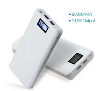Portable USB 20 000mAh Power Bank, Backup Battery Pack. Available in White, Silver & Gold.