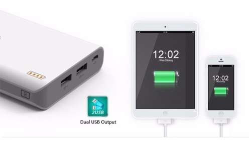 Portable USB 20 000mAh Power Bank, Backup Battery Pack. Available in White, Silver & Gold.