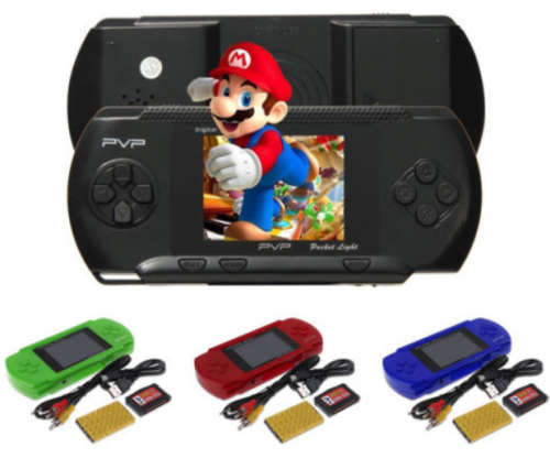 3 inch PVP Gaming Console with preloaded games. Green, Red, Blue and Black colors.
