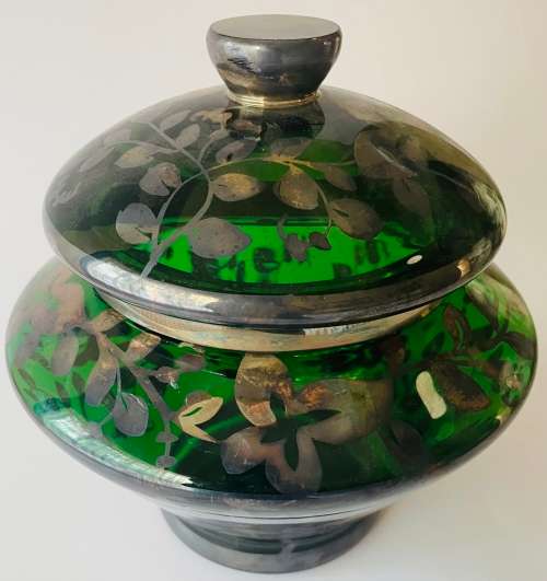 Italian Green Glass And Silver Overlay Bowl With Lid