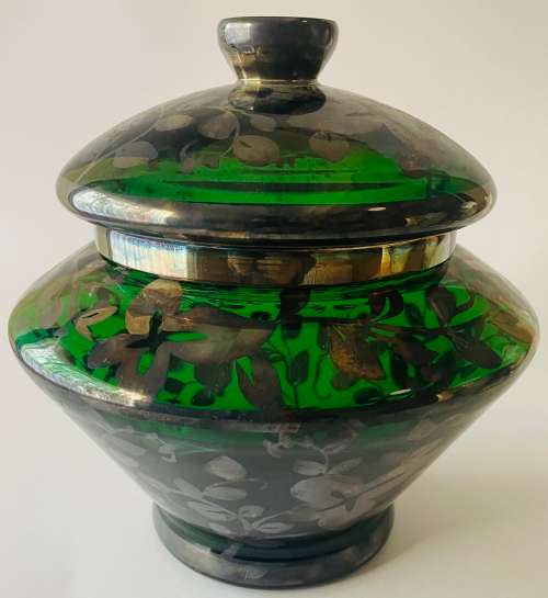Italian Green Glass And Silver Overlay Bowl With Lid