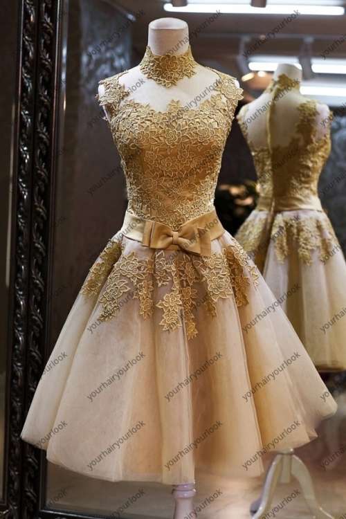 Golden lace Embroidery High-neck Knee length Formal/Evening Dress