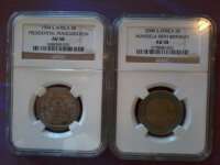 ### PAIR - AU58 (NGC) 1994 INAUGURATION R5 and 2008 MANDELA BIRTHDAY R5 - bid per coin ###