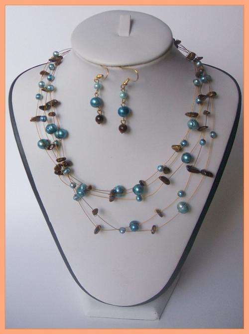 Genuine 5 strand saphire blue floating freshwater pearl necklace, free earrings!
