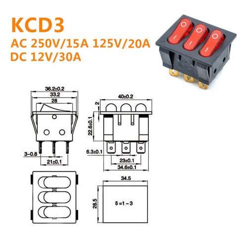 KCD3 Triple Rocker Switch SPST Three 3-Switches