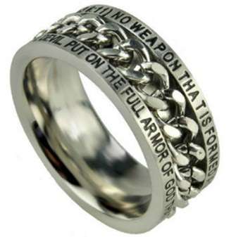 STAINLESS STEEL CHRISTIAN WEAR RINGS-No weapon formed against you shall prosper Chain Ring Size 10.