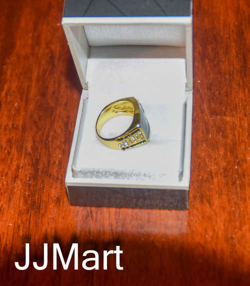 Costume Jewellery : Golden Ring with stones and black insert  - Size 5