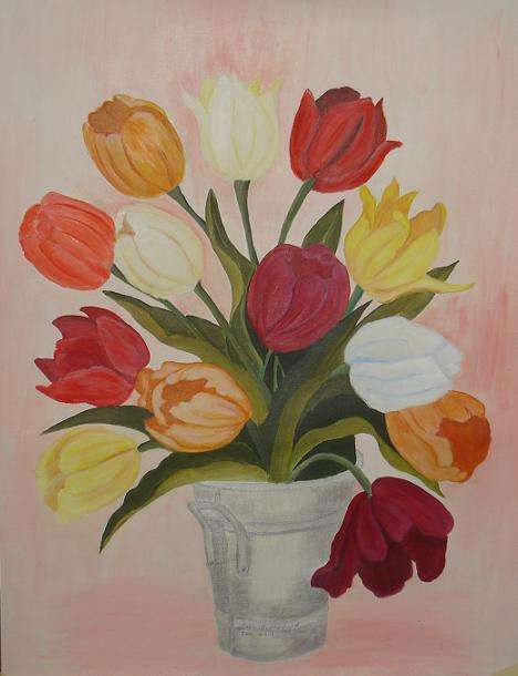 Tulips in a bucket - big still life 450mm x 600mm- oil on canvas