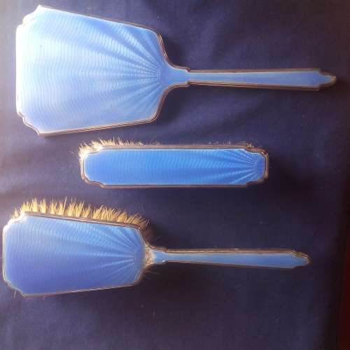 VINTAGE GUILLOCHE BLUE ENAMEL AND HALLMARKED STERLING SILVER VANITY SET