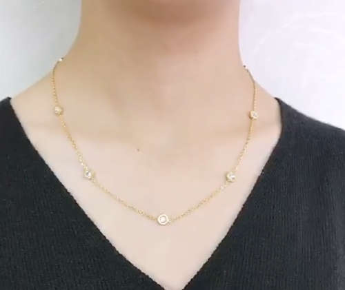 Gold Colour Stainless Steel with Cubic Zirconia Long Necklace 57cm + 5cm extender