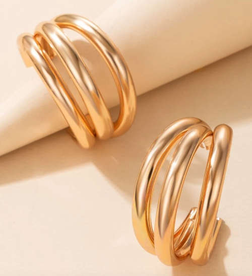 Gold Colour Trio Hoop Metal Earrings