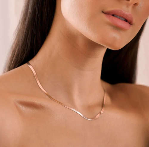 Flat Snake Herringbone Chain Necklace Stainless Steel Rose Gold Colour