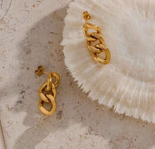 Gold Colour Stainless Steel Cuban Link Drop Earrings for Women