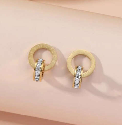 Gold Colour Stainless Steel Roman Numerals Circle Drop Earrings