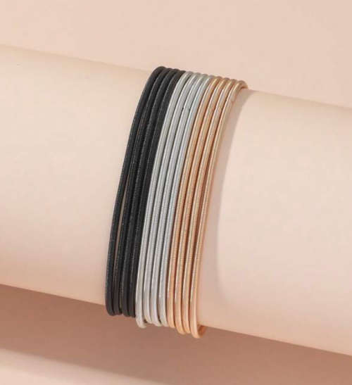 Black, Gold and Silver Stretchies - Guitar String Coil Bracelets - Set of 12