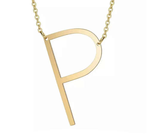Large `P` Sideways Initial Gold Colour Stainless Steel Necklace