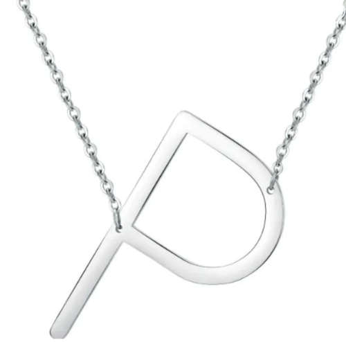 Large `P` Sideways Initial Silver Colour Stainless Steel Necklace