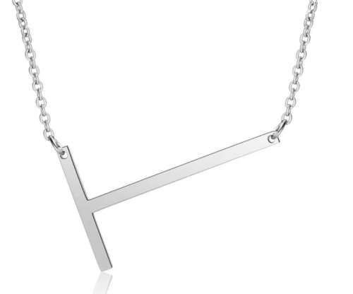 Large `T` Sideways Initial Silver Colour Stainless Steel Necklace