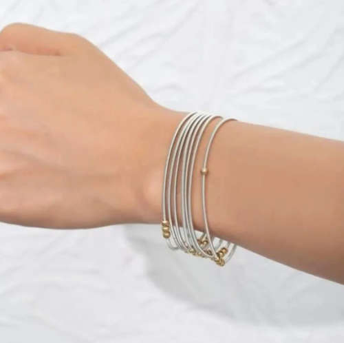 Stainless Steel Guitar String Bracelets with Gold Beads