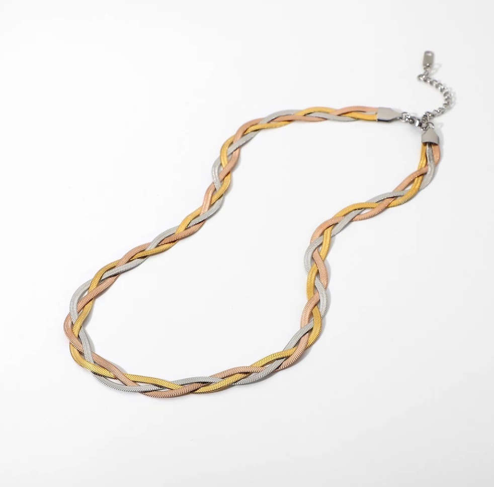 Trio of Gold, Silver and Rose Intertwined Herringbone Snake Plaited Necklace - Stainless Steel