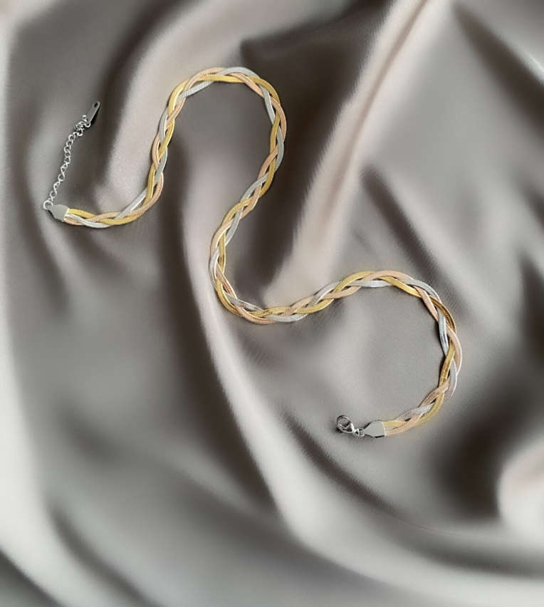 Trio of Gold, Silver and Rose Intertwined Herringbone Snake Plaited Necklace - Stainless Steel