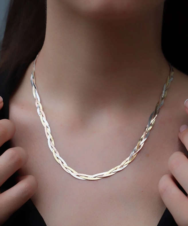 Trio of Gold, Silver and Rose Intertwined Herringbone Snake Plaited Necklace - Stainless Steel