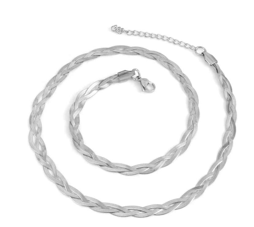 Silver Colour Intertwined Herringbone Snake Plaited Necklace - Stainless Steel