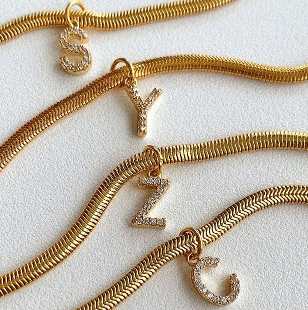 Gorgeous `D` Initial / Letter Gold Colour Stainless Steel Charm Snake / Herringbone Pendant Necklace