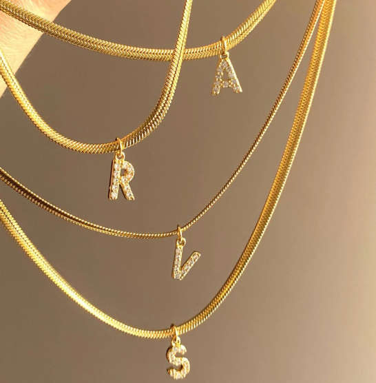 Gorgeous `D` Initial / Letter Gold Colour Stainless Steel Charm Snake / Herringbone Pendant Necklace