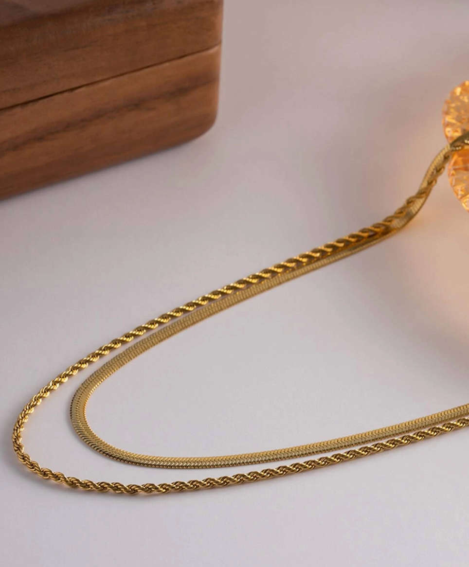 Double Layer Twist Rope and Snake Chain Necklace - 42cm + 5cm extender chain