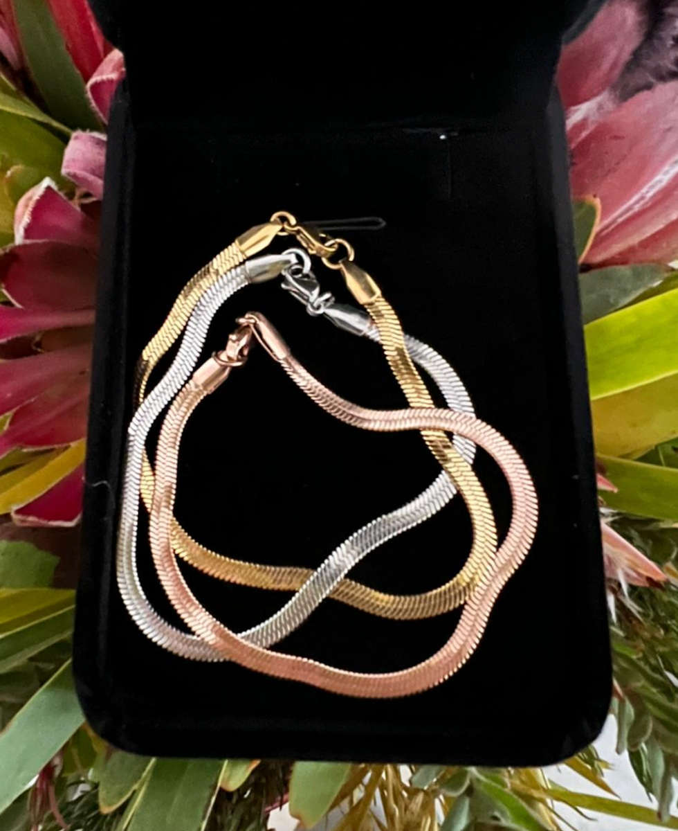 Set of 3: Gold Silver and Rose Gold Herringbone / Snake Bracelets in Velvet Jewellery Box