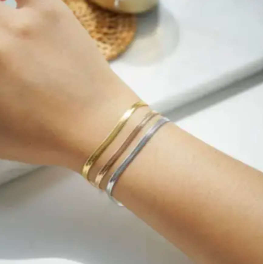 Set of 3: Gold Silver and Rose Gold Herringbone / Snake Bracelets in Velvet Jewellery Box