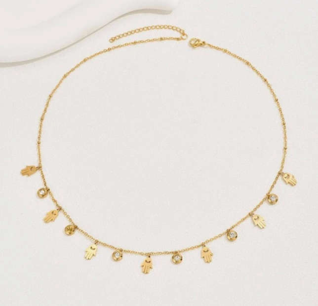 Hands and Cubic Charms Gold Stainless Steel Pendant Necklace in Velvet Jewellery Gift Box