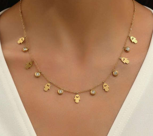 Hands and Cubic Charms Gold Stainless Steel Pendant Necklace in Velvet Jewellery Gift Box