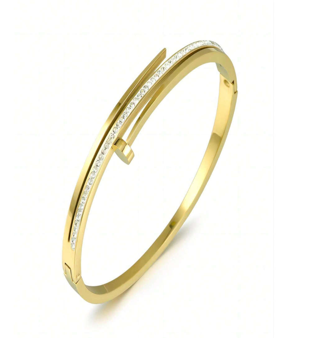 Crystal Nail Bangle in Gold Colour Stainless Steel Non Tarnish with Jewellery Gift Box