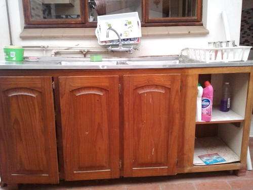 DARK STAINED PINE KITCHEN CUPBOARDS
