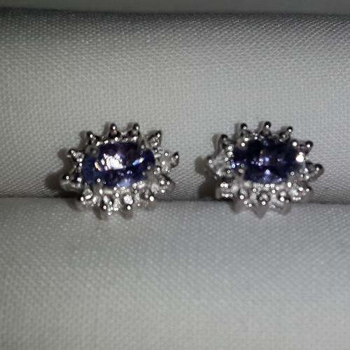 GORGEOUS! 1.19 ct Genuine Tanzanite & 2x diamonds Platinum / Sterling Silver Earrings
