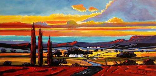 Original painting by NIC VAN RENSBURG - Farm Scene Sunset 2 - 1000 x 500