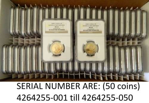 (NGC) 50 x MS66 - 2008 NELSON MANDELA 90th BIRTHDAY R5 COIN - No 001 to 050