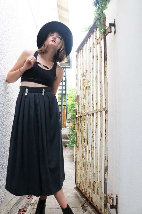 Vintage long grey high waist skirt with silwer jewelry detail