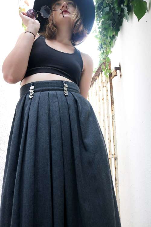 Vintage long grey high waist skirt with silwer jewelry detail