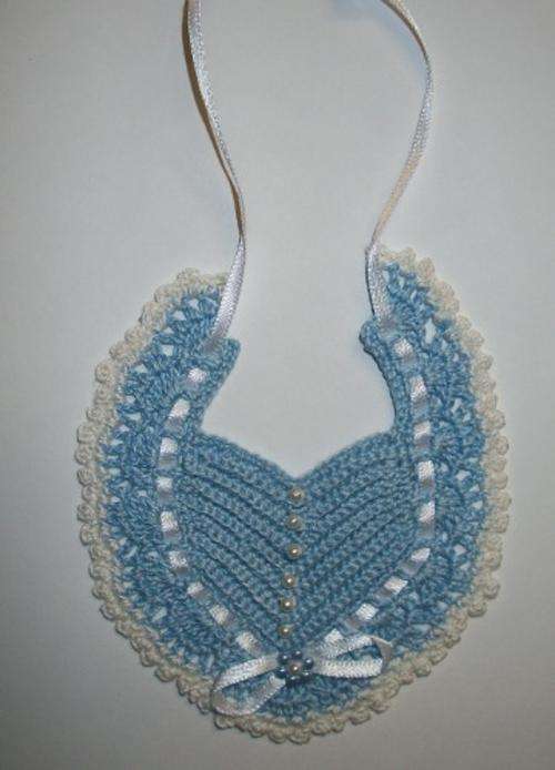 Stunning hand crochet bib, blue.