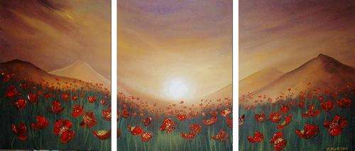 Cherie Dirksen Original --- 'RED POPPY FIELD' --- LARGE Triptych painting ---  SA Artist