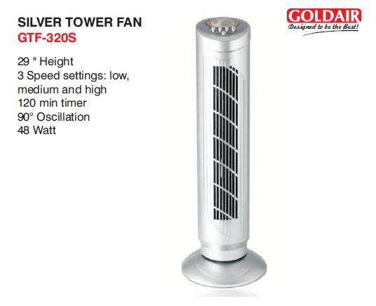 GOLDAIR *** Silver Tower Fan *** 29 Inches High *** 3 Speed *** 120 Minute Timer *** 48 Watt