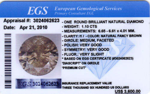 COLLECTOR DIAMOND!! - 1.10CT EGS/EGL CERTIFIED BRILLIANT DIAMOND!